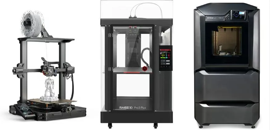 △FDM 3D printers offer a wide range of machines for hobbyists, small businesses and manufacturers (Source: Creality, Raise3D, Stratasys)