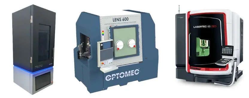 △Meltio M450 wire-fed laser DED 3D printer, Optomec LENS CS 600 metal powder-fed laser DED 3D printer and DMG Mori Lasertec 65 DED powder-fed laser DED 3D printer.