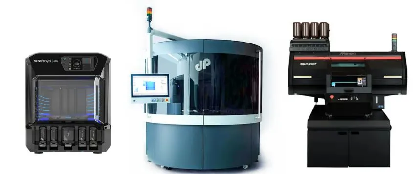 △ Material jetting 3D printers from Stratasys, DP Polar / 3D Systems and Mimaki